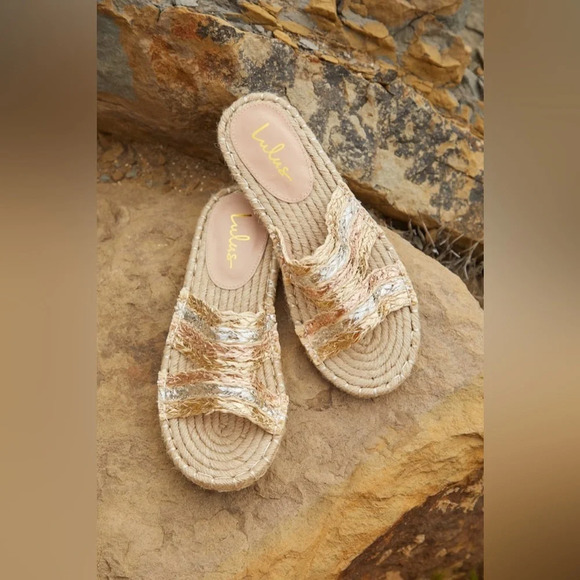 LULUS Sorana Natural Multi Metallic Espadrille Slide Sandals Size 8 - Picture 1 of 14